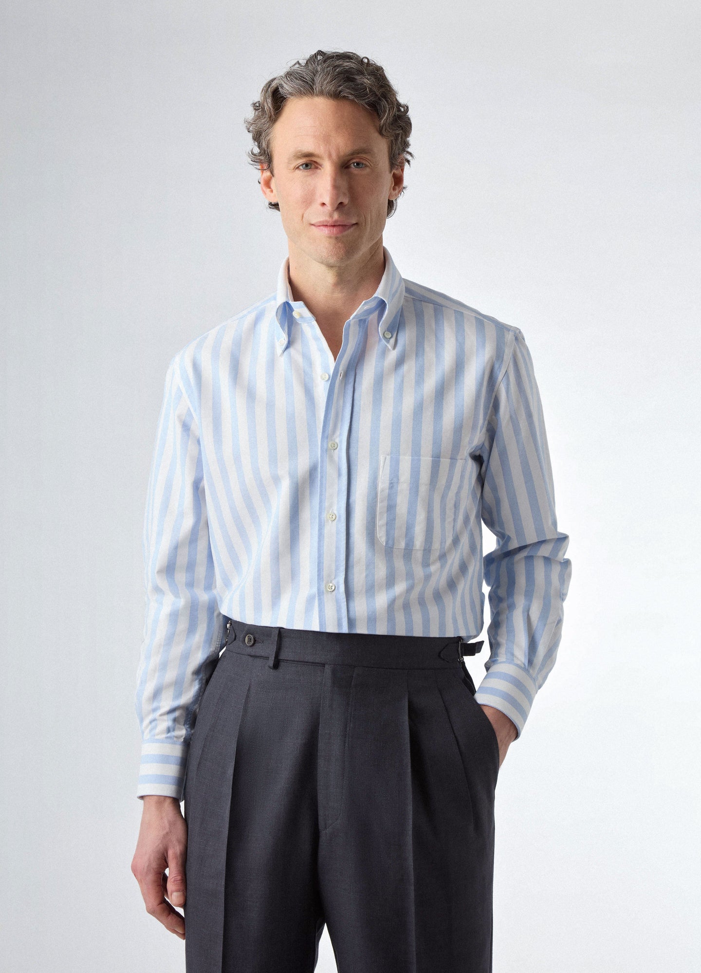 Ferdinand Oxford Button Down Shirt - White/Light Blue Butcher Stripe | Berg & Berg